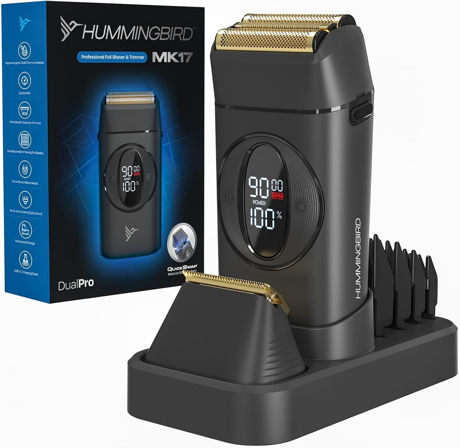 MK17 Dualpro Foil Shaver & Beard Trimmer for Men – Gold Titanium Blades, Turbo Shaving & Torque Control, Metal Body, Digital Battery & RPM Display, Wet/Dry, USB-C & Wireless Charging Dock